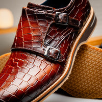 Legerra Hand Burnished Croc Embossed Italian Calfskin Monk Strap Shoe in Cognac by Zelli Italia
