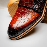 Legerra Hand Burnished Croc Embossed Italian Calfskin Monk Strap Shoe in Cognac by Zelli Italia