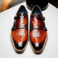 Legerra Hand Burnished Croc Embossed Italian Calfskin Monk Strap Shoe in Cognac by Zelli Italia