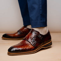 Legerra Hand Burnished Croc Embossed Italian Calfskin Monk Strap Shoe in Cognac by Zelli Italia