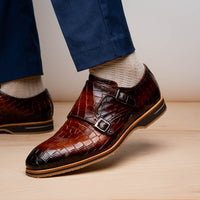 Legerra Hand Burnished Croc Embossed Italian Calfskin Monk Strap Shoe in Cognac by Zelli Italia