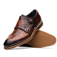 Legerra Hand Burnished Croc Embossed Italian Calfskin Monk Strap Shoe in Cognac by Zelli Italia