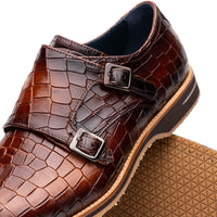 Legerra Hand Burnished Croc Embossed Italian Calfskin Monk Strap Shoe in Cognac by Zelli Italia