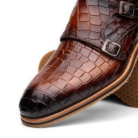 Legerra Hand Burnished Croc Embossed Italian Calfskin Monk Strap Shoe in Cognac by Zelli Italia