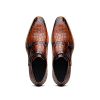 Legerra Hand Burnished Croc Embossed Italian Calfskin Monk Strap Shoe in Cognac by Zelli Italia