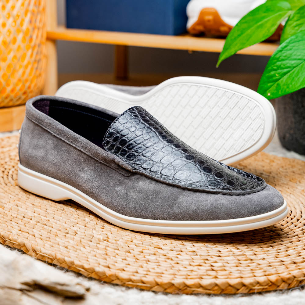 Bene Crocodile & Sueded Italian Goatskin Loafer in Grey by Zelli Italia
