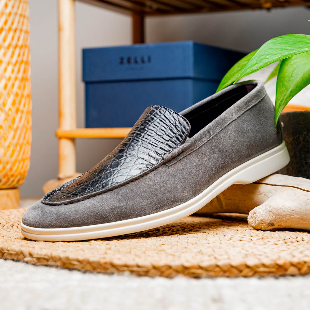 Bene Crocodile & Sueded Italian Goatskin Loafer in Grey by Zelli Italia