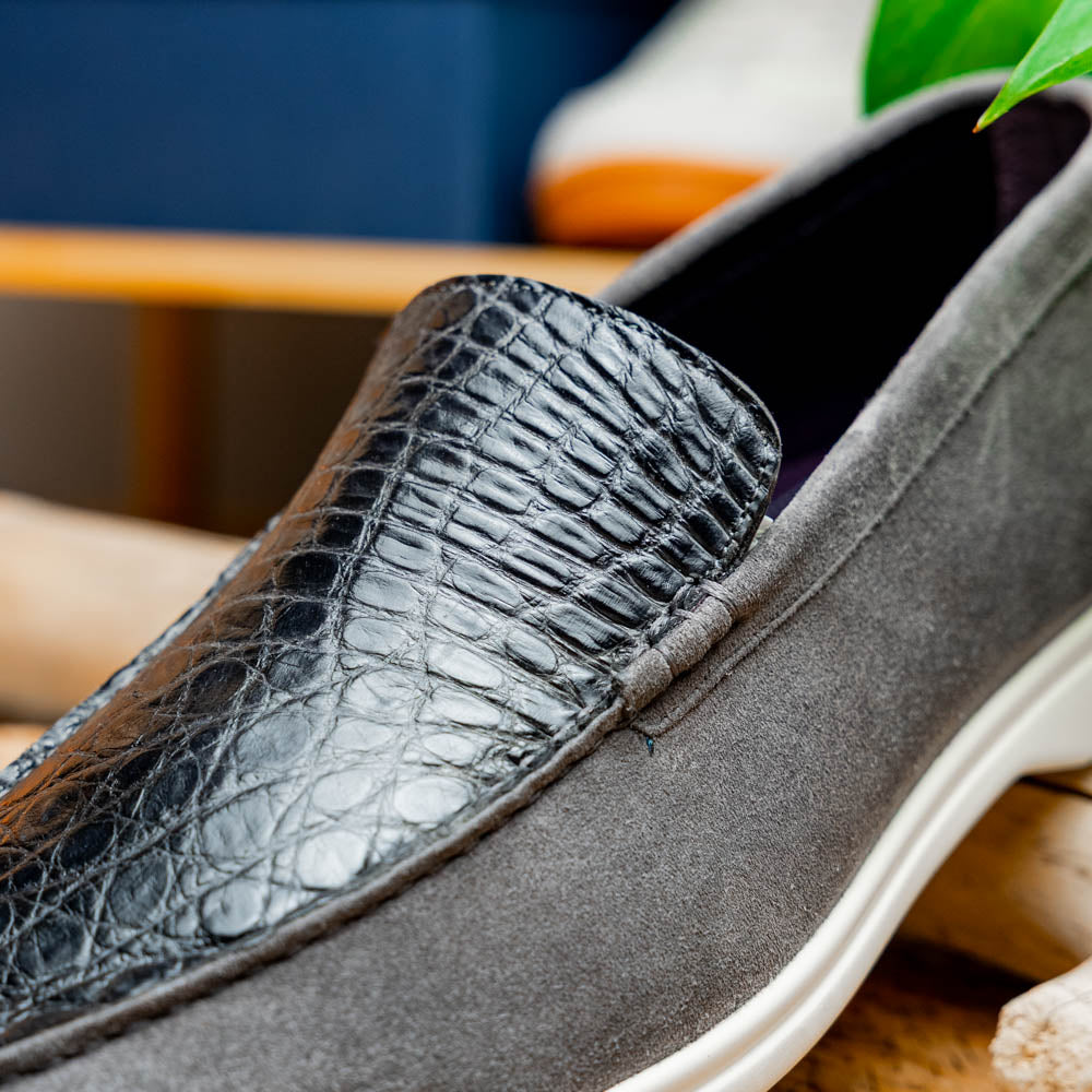 Bene Crocodile & Sueded Italian Goatskin Loafer in Grey by Zelli Italia