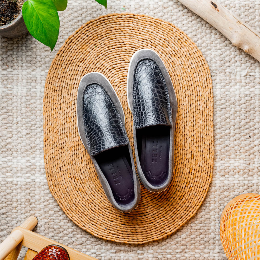 Bene Crocodile & Sueded Italian Goatskin Loafer in Grey by Zelli Italia
