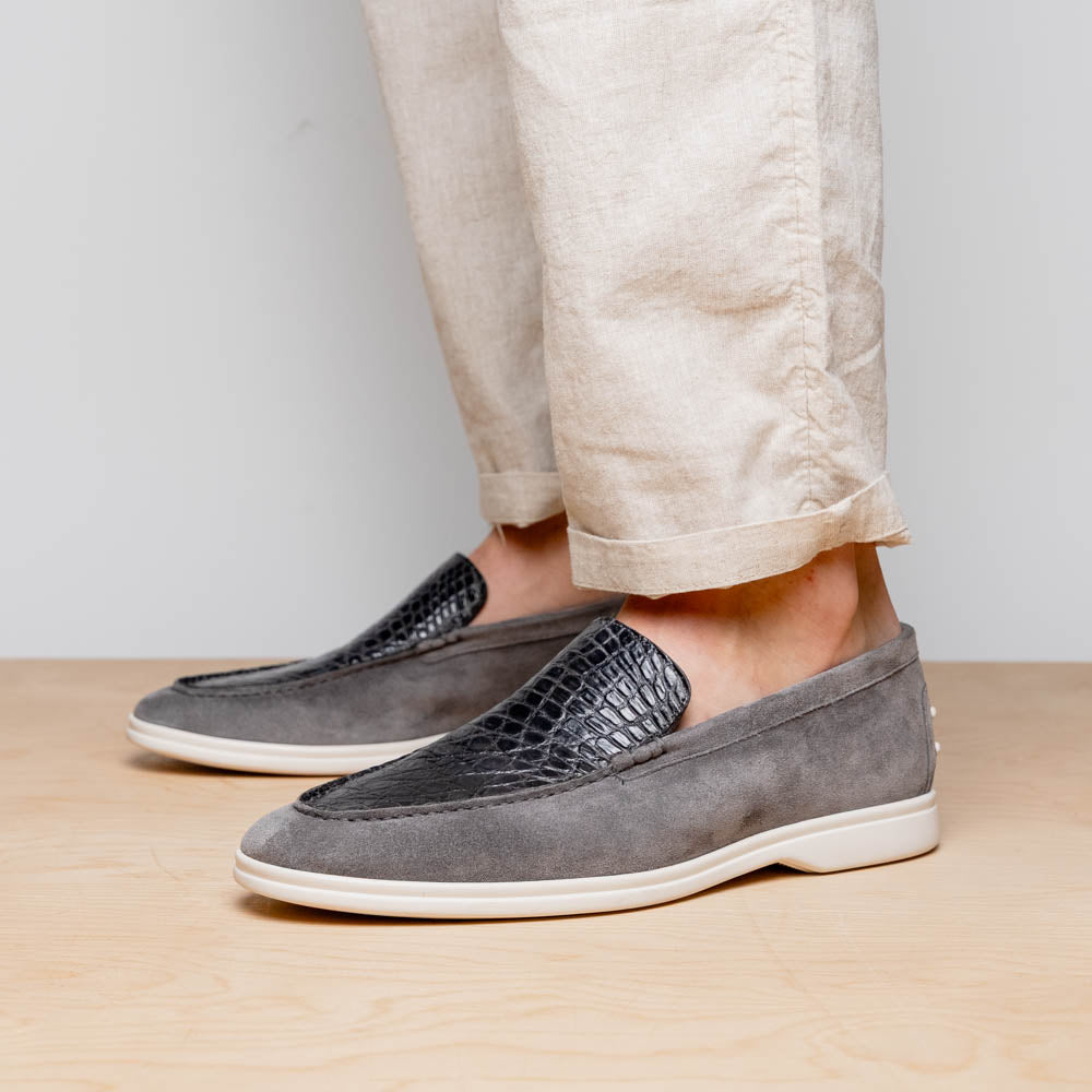 Bene Crocodile & Sueded Italian Goatskin Loafer in Grey by Zelli Italia
