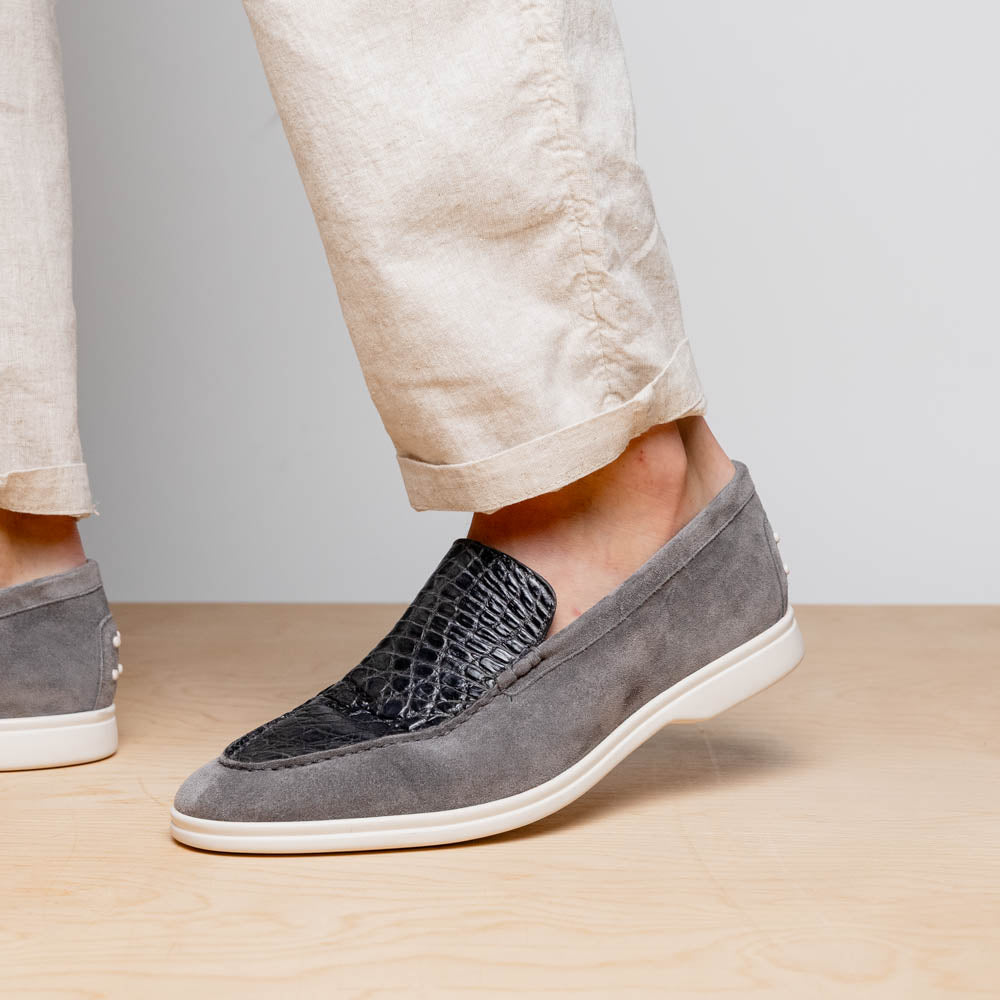 Bene Crocodile & Sueded Italian Goatskin Loafer in Grey by Zelli Italia