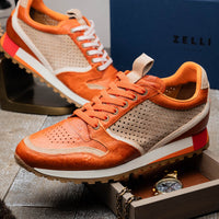 Matteo Distressed Italian Calf & Suede Perforated Sneaker in Burnt Orange by Zelli Italia