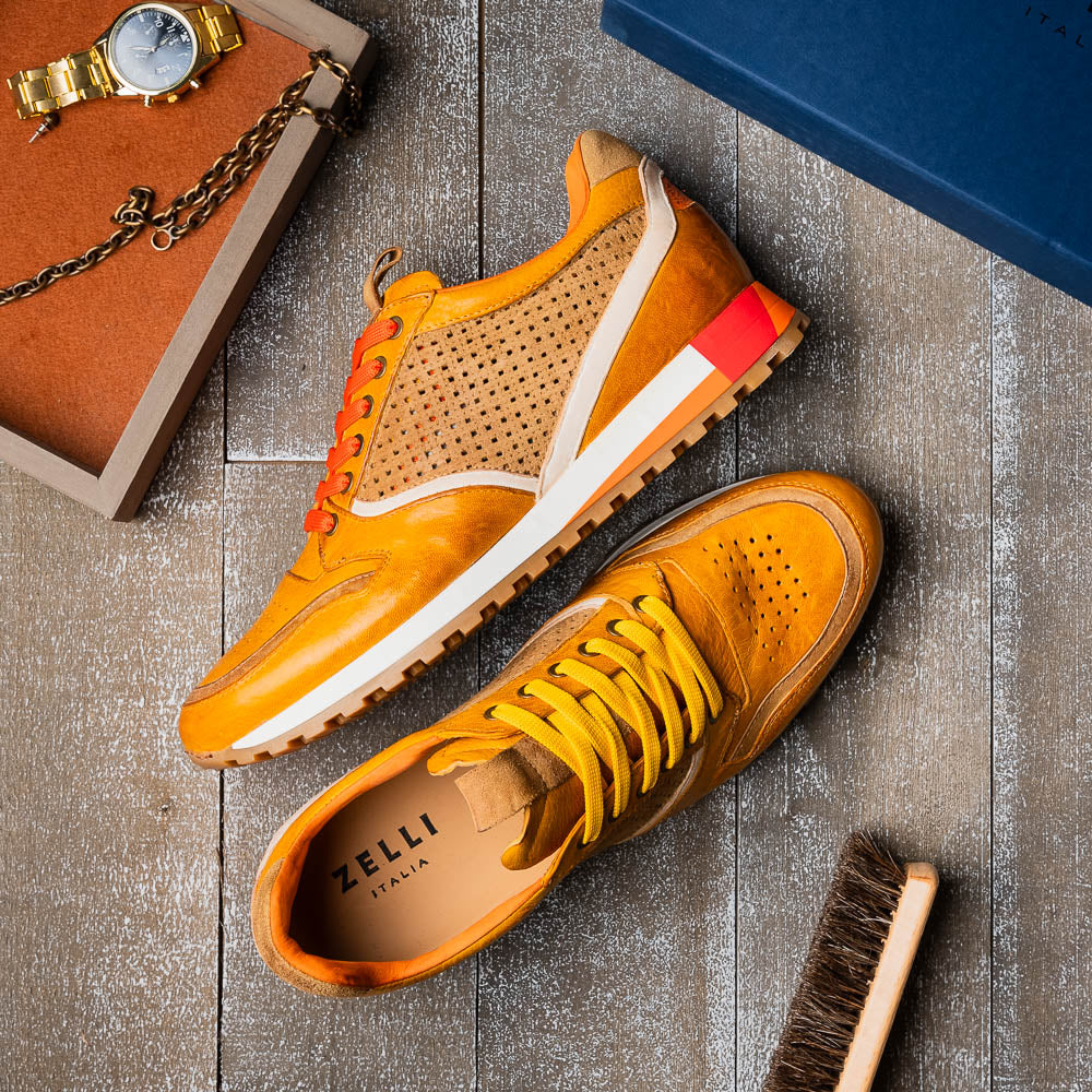 Matteo Distressed Italian Calf & Suede Perforated Sneaker in Mustard by Zelli Italia