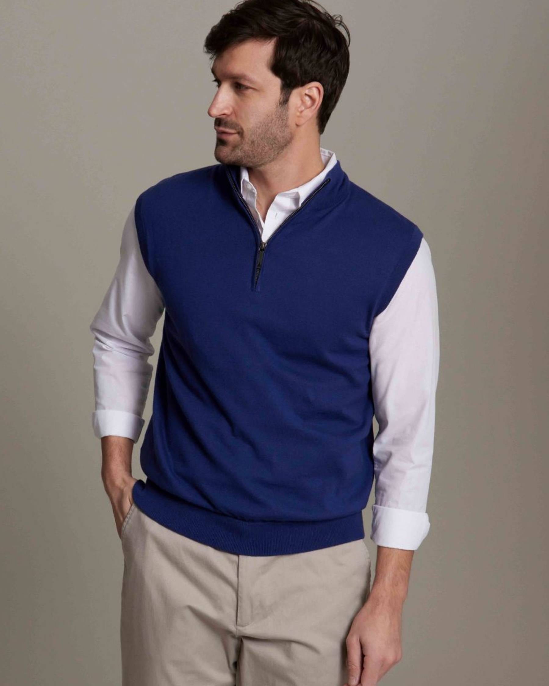 Cotton Cashmere 1/4 Zip V-Neck Sweater Vest (Choice of Colors) by Alashan Cashmere