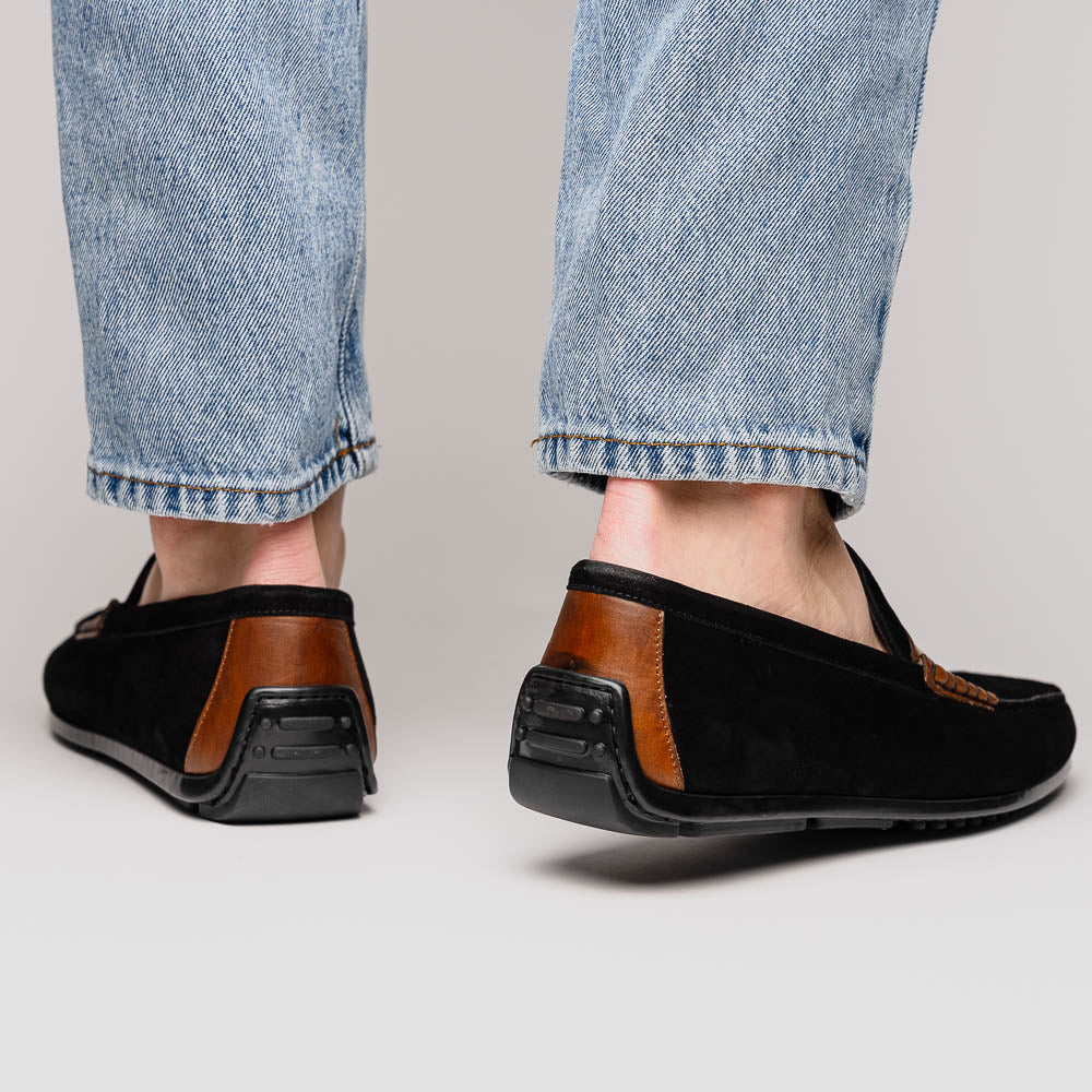 Monza Sueded Calfskin Driver in Black/Chestnut by Zelli Italia