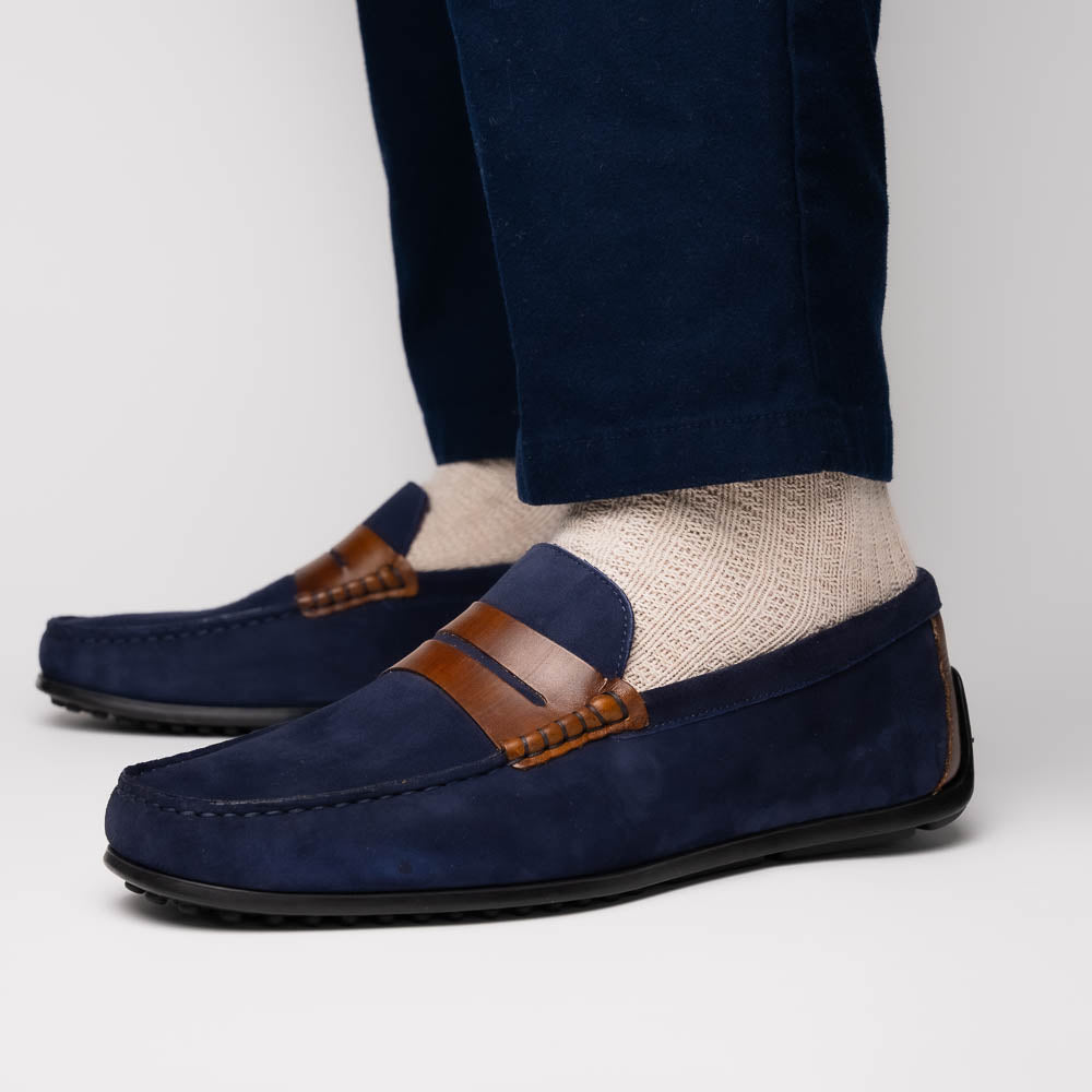 Monza Sueded Calfskin Driver in Navy/Chestnut by Zelli Italia