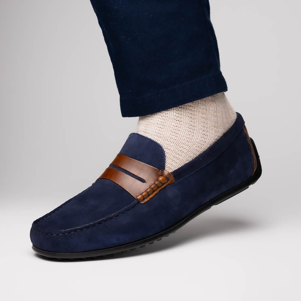 Monza Sueded Calfskin Driver in Navy/Chestnut by Zelli Italia