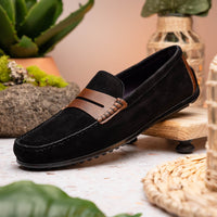 Monza Sueded Calfskin Driver in Black/Chestnut by Zelli Italia