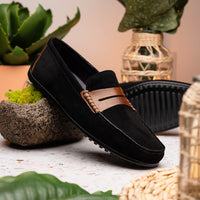 Monza Sueded Calfskin Driver in Black/Chestnut by Zelli Italia