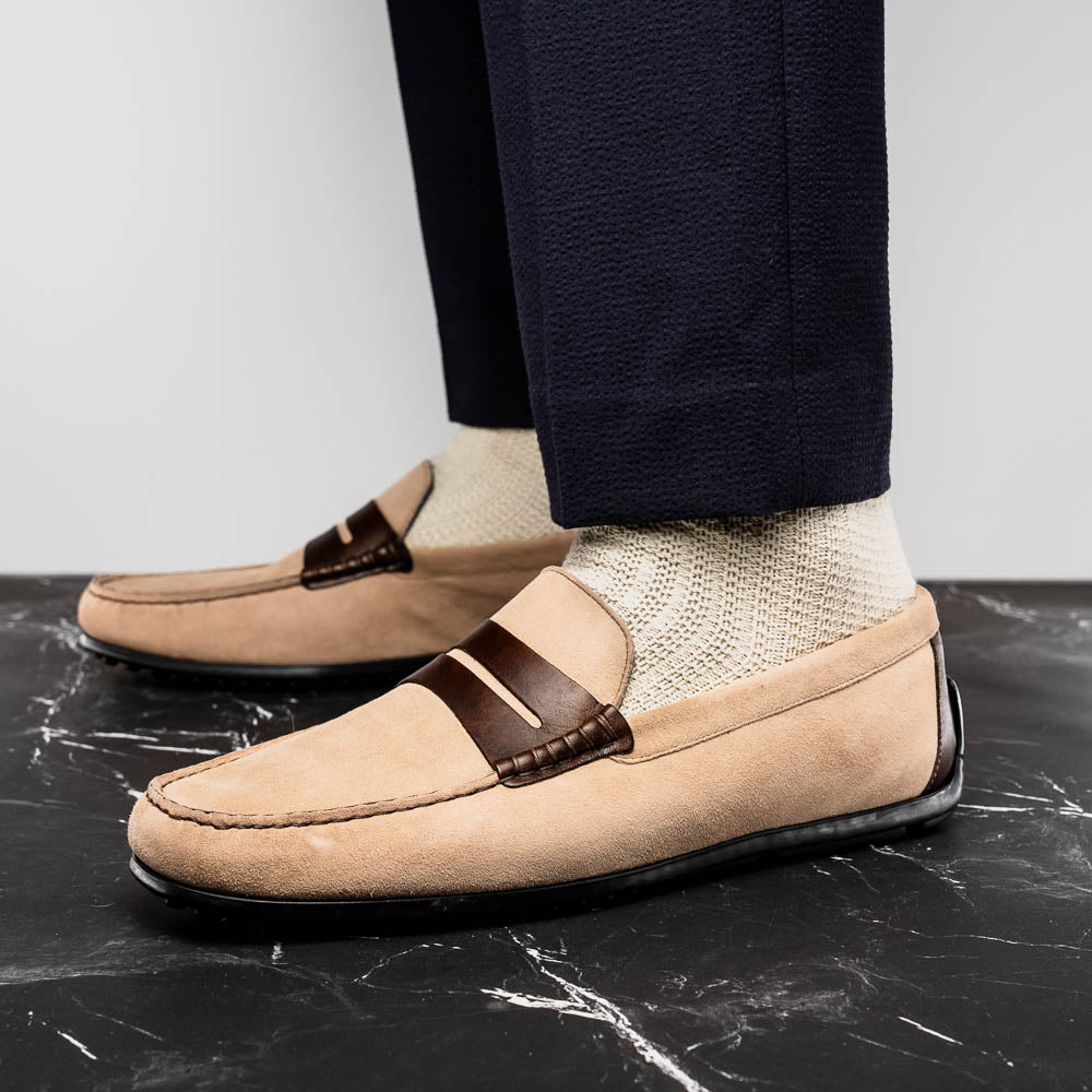 Monza Sueded Calfskin and Crocodile Driver in Bone and Chestnut by Zelli Italia