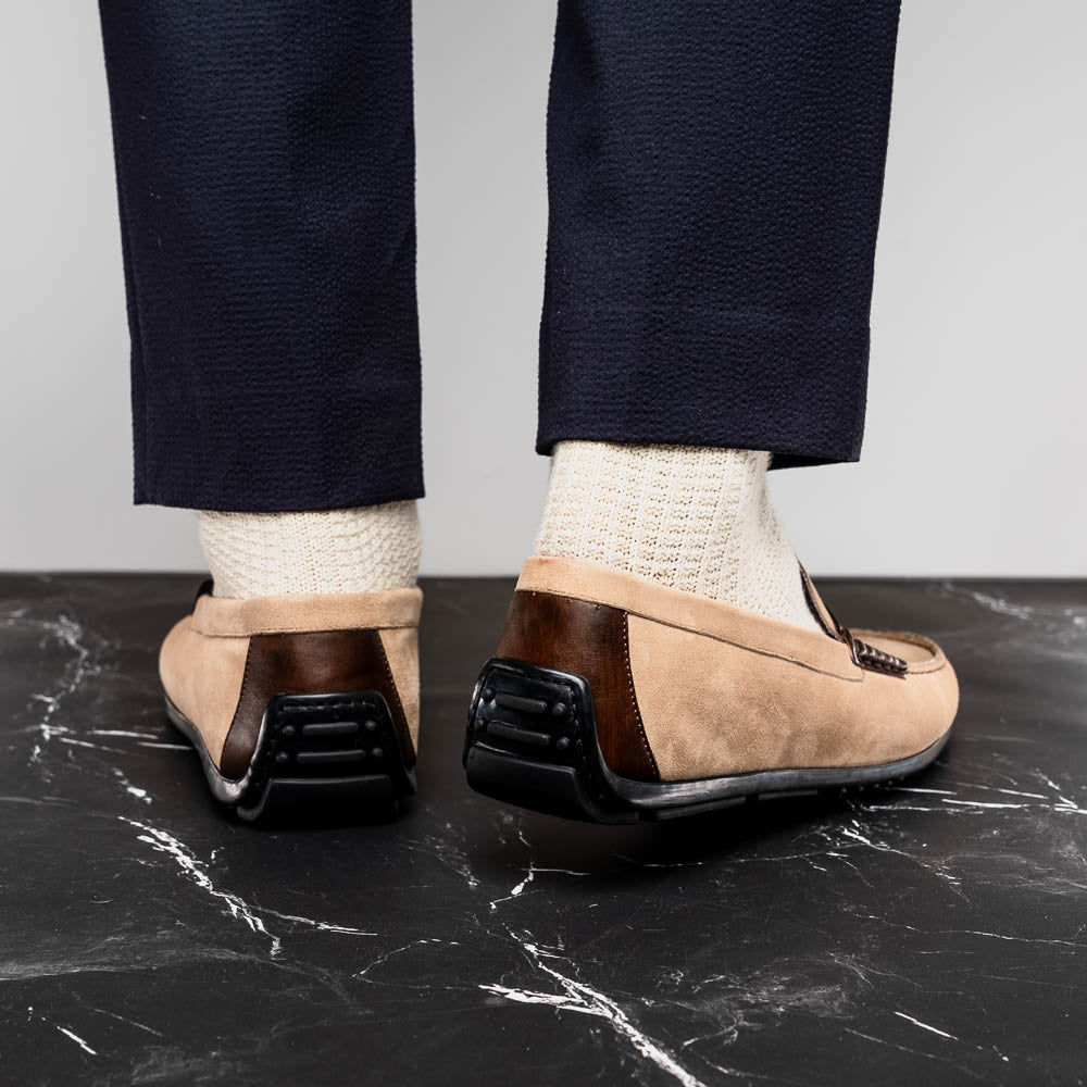Monza Sueded Calfskin and Crocodile Driver in Bone and Chestnut by Zelli Italia