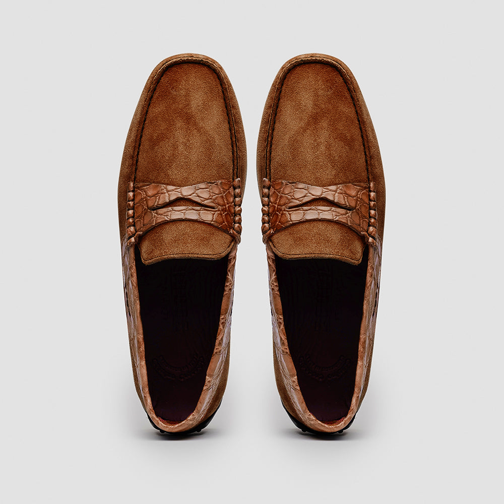 Monza Sueded Calfskin and Crocodile Driver in Cognac by Zelli Italia