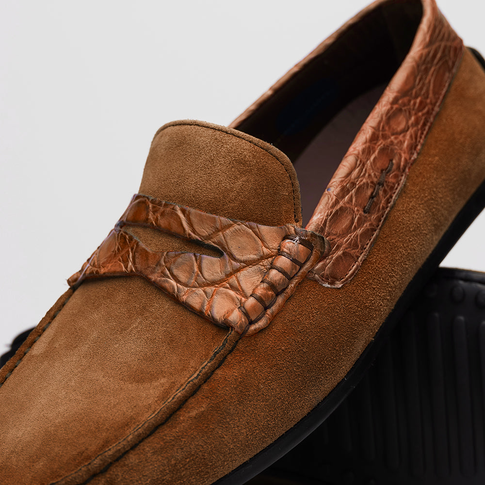 Monza Sueded Calfskin and Crocodile Driver in Cognac by Zelli Italia