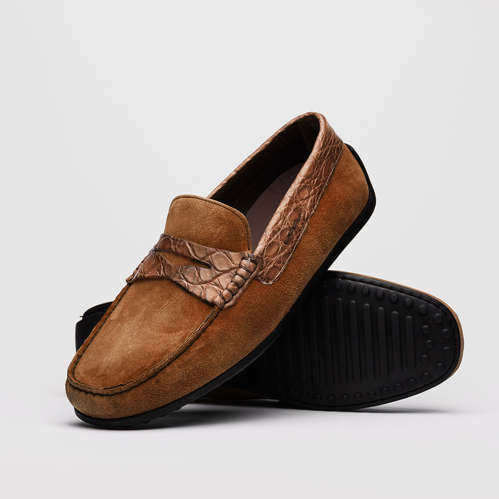 Monza Sueded Calfskin and Crocodile Driver in Cognac by Zelli Italia