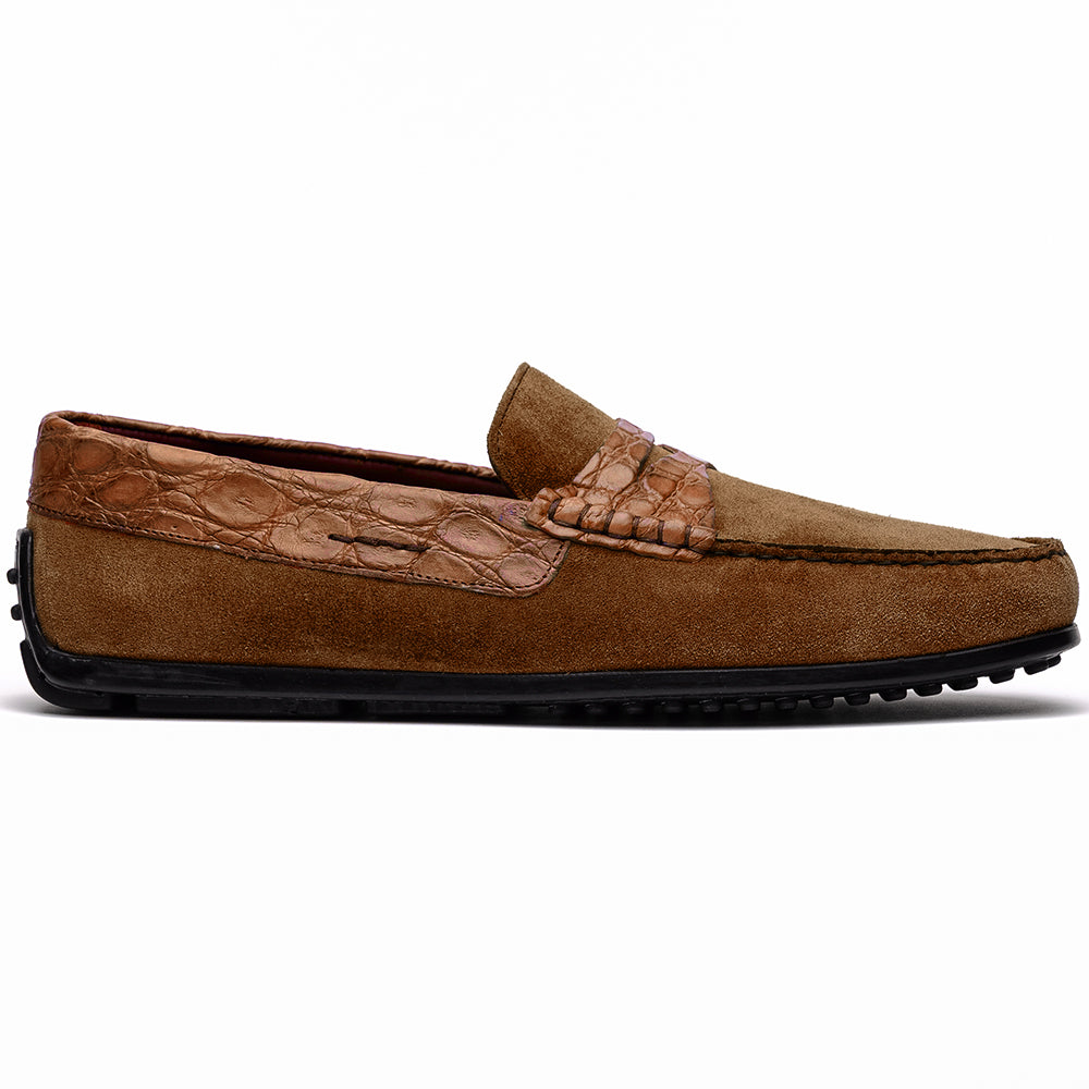 Monza Sueded Calfskin and Crocodile Driver in Cognac by Zelli Italia