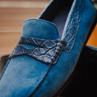 Monza Sueded Calfskin and Crocodile Driver in Denim Blue by Zelli Italia