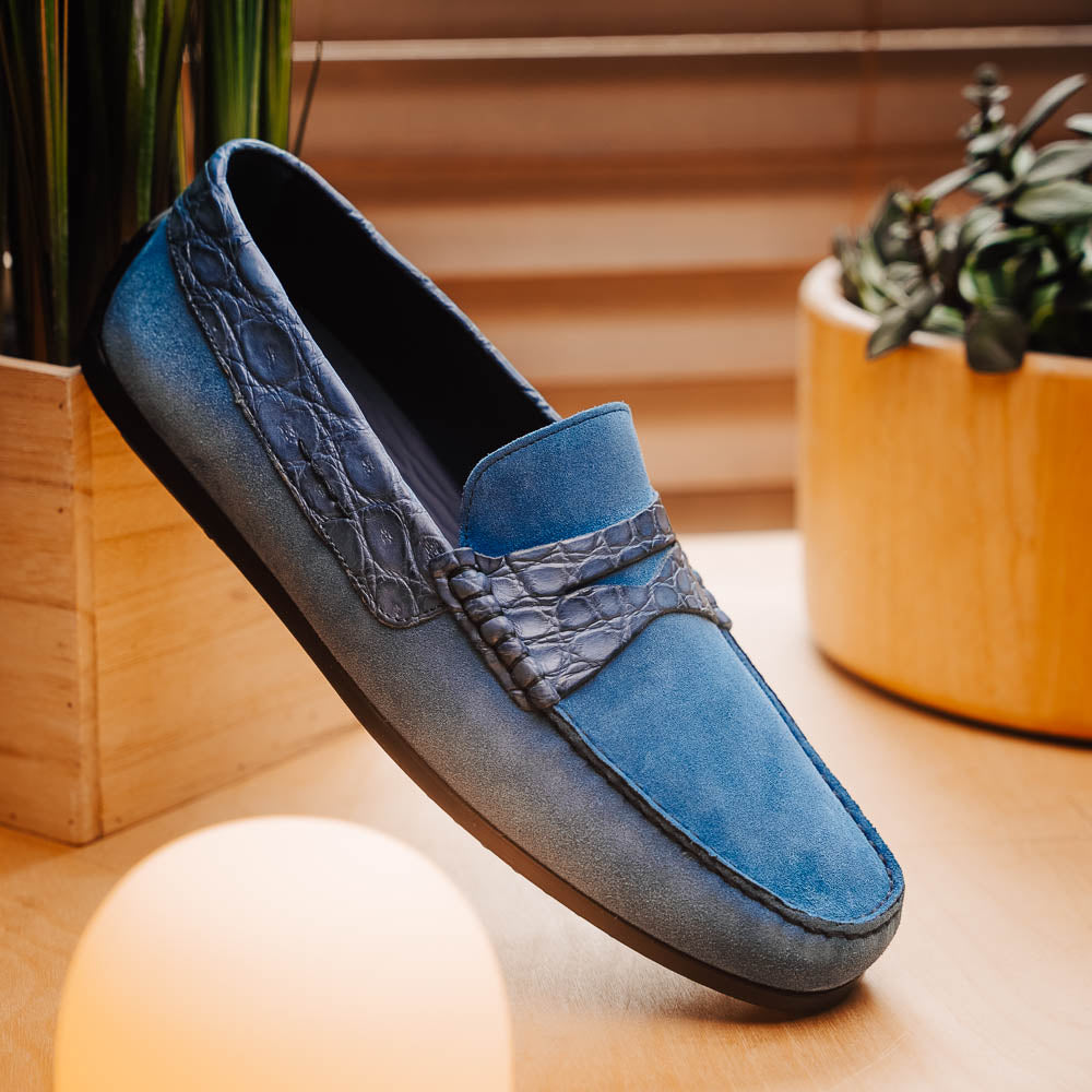 Monza Sueded Calfskin and Crocodile Driver in Denim Blue by Zelli Italia