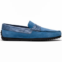 Monza Sueded Calfskin and Crocodile Driver in Denim Blue by Zelli Italia