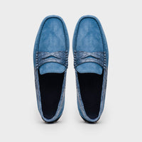 Monza Sueded Calfskin and Crocodile Driver in Denim Blue by Zelli Italia