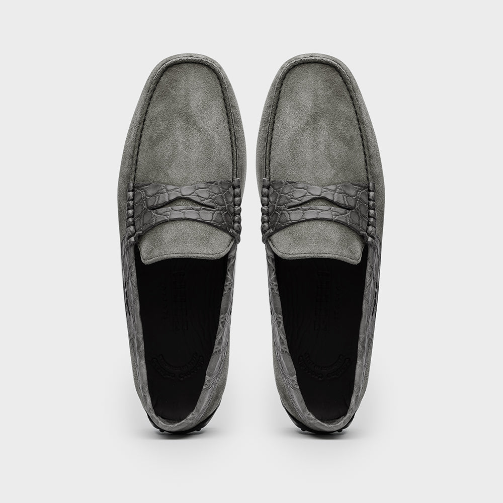 Monza Sueded Calfskin and Crocodile Driver in Grey by Zelli Italia