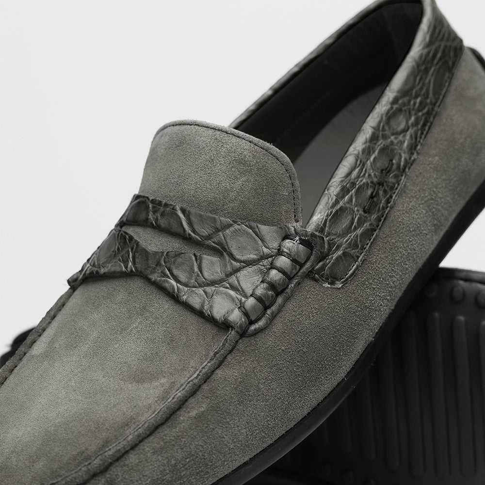 Monza Sueded Calfskin and Crocodile Driver in Grey by Zelli Italia