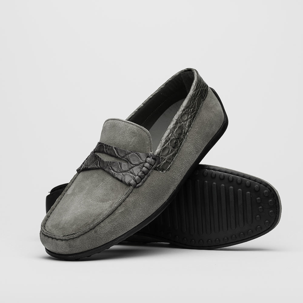 Monza Sueded Calfskin and Crocodile Driver in Grey by Zelli Italia