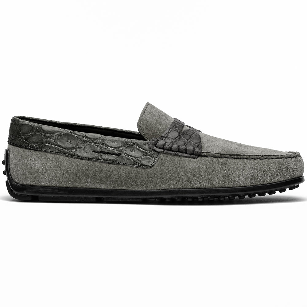 Monza Sueded Calfskin and Crocodile Driver in Grey by Zelli Italia