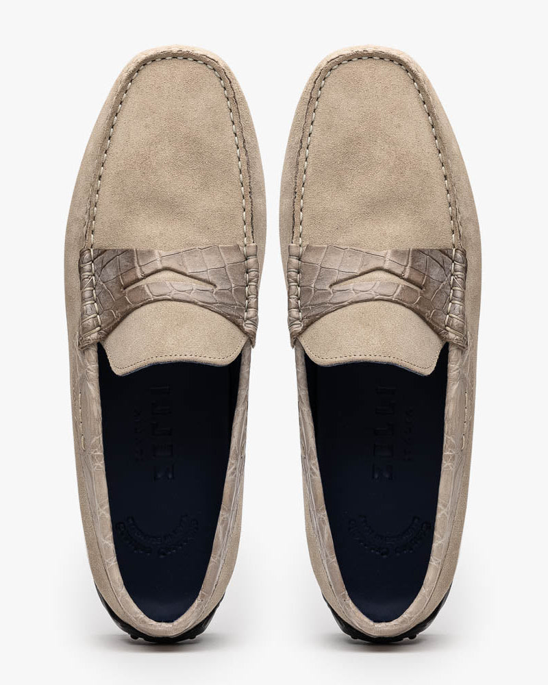 Monza Sueded Calfskin and Crocodile Driver in Sand by Zelli Italia