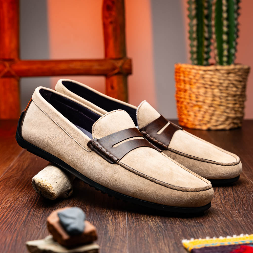 Monza Sueded Calfskin and Crocodile Driver in Bone and Chestnut by Zelli Italia