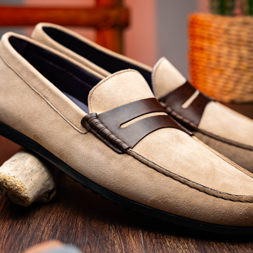 Monza Sueded Calfskin and Crocodile Driver in Bone and Chestnut by Zelli Italia