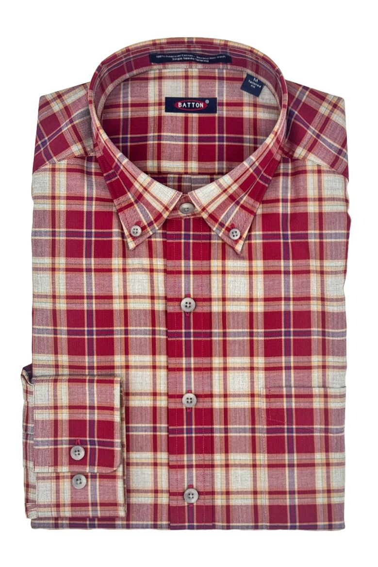 'Murray' Red, Heather Grey, and Navy Plaid Long Sleeve Beyond Non-Iron® Cotton Sport Shirt by Batton
