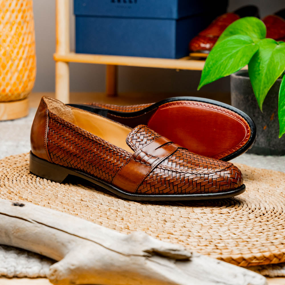 Nicola Woven Italian Calfskin Penny Loafer in Cognac by Zelli Italia
