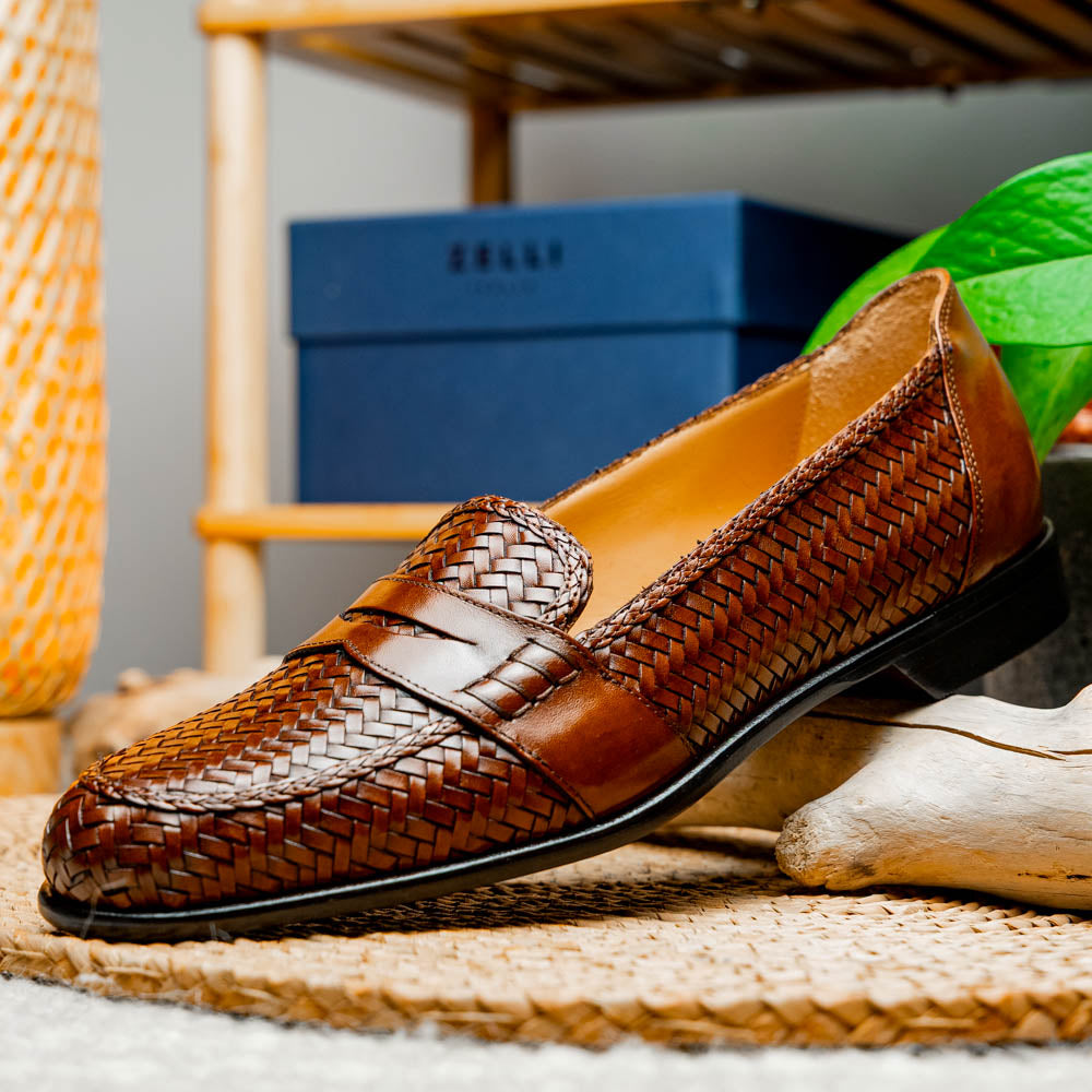 Nicola Woven Italian Calfskin Penny Loafer in Cognac by Zelli Italia