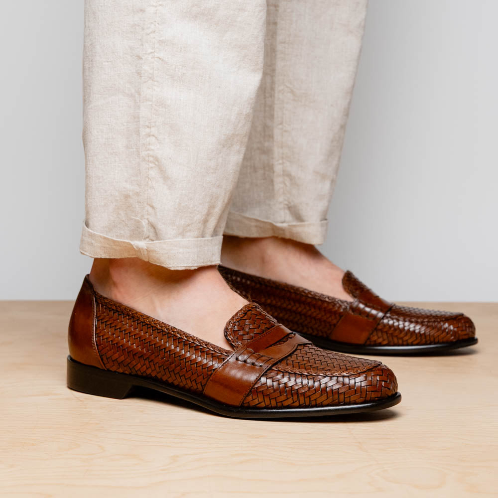 Nicola Woven Italian Calfskin Penny Loafer in Cognac by Zelli Italia