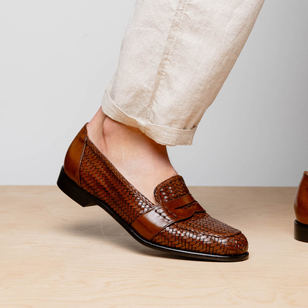 Nicola Woven Italian Calfskin Penny Loafer in Cognac by Zelli Italia