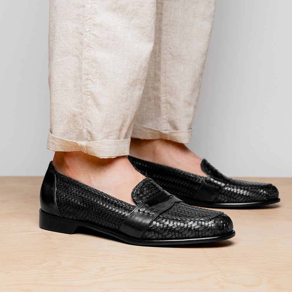 Nicola Woven Italian Calfskin Penny Loafer in Black by Zelli Italia
