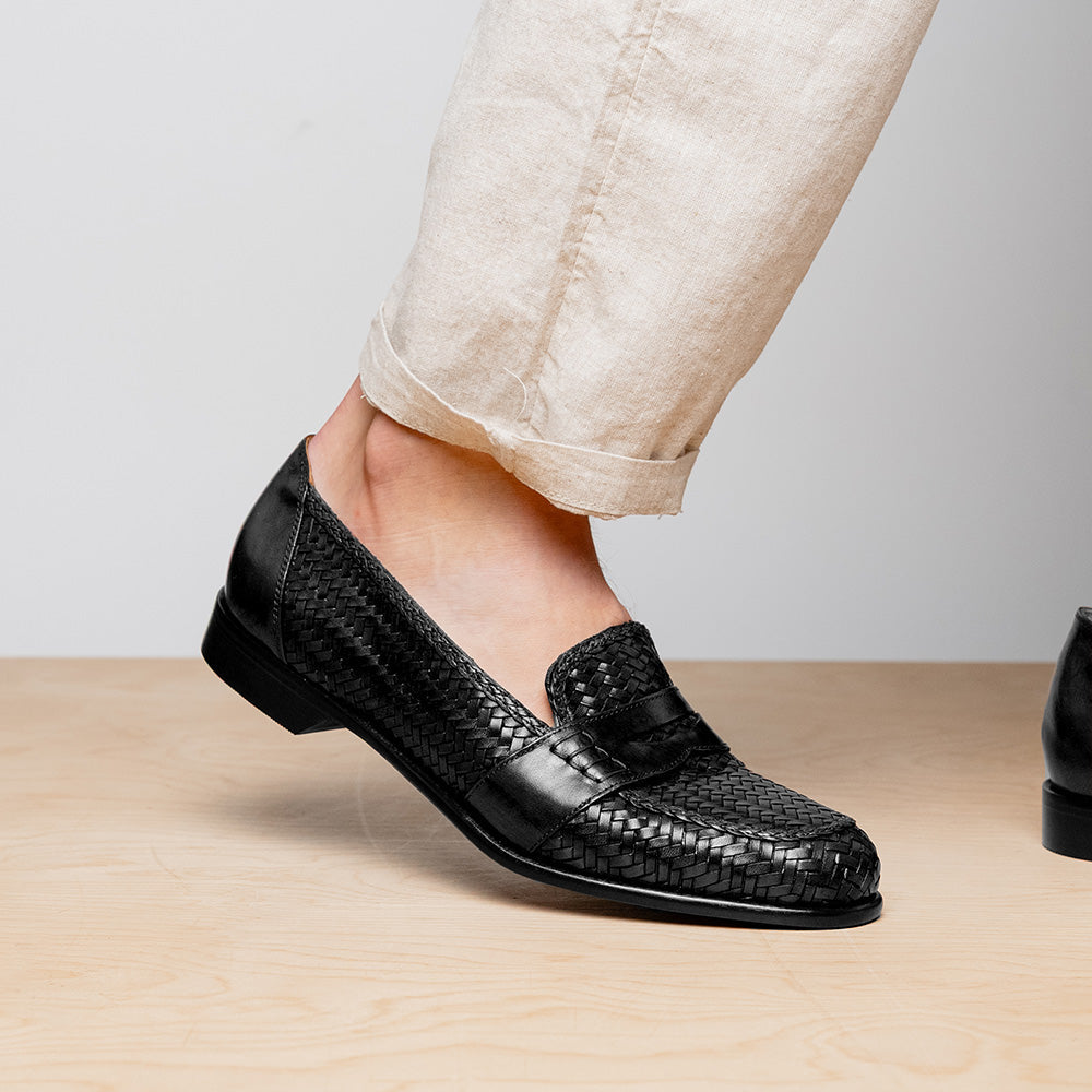 Nicola Woven Italian Calfskin Penny Loafer in Black by Zelli Italia