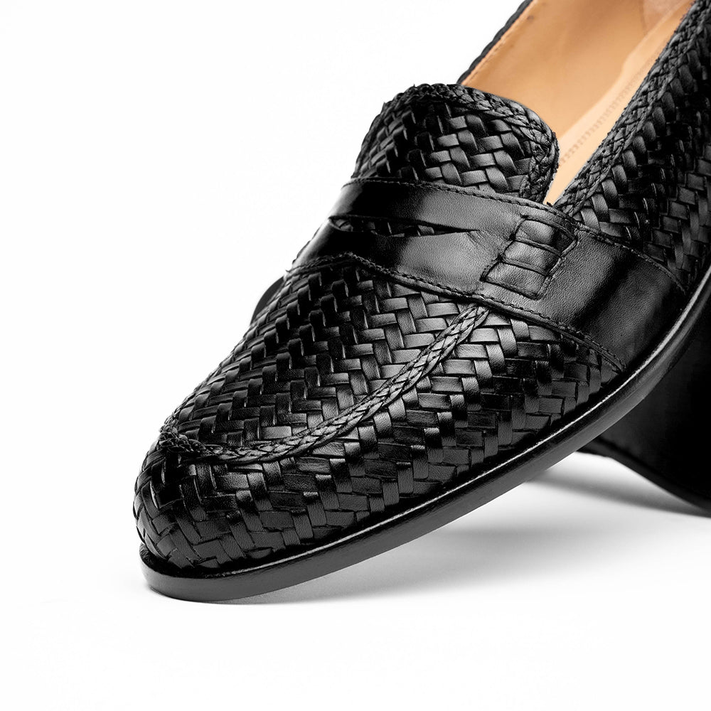 Nicola Woven Italian Calfskin Penny Loafer in Black by Zelli Italia