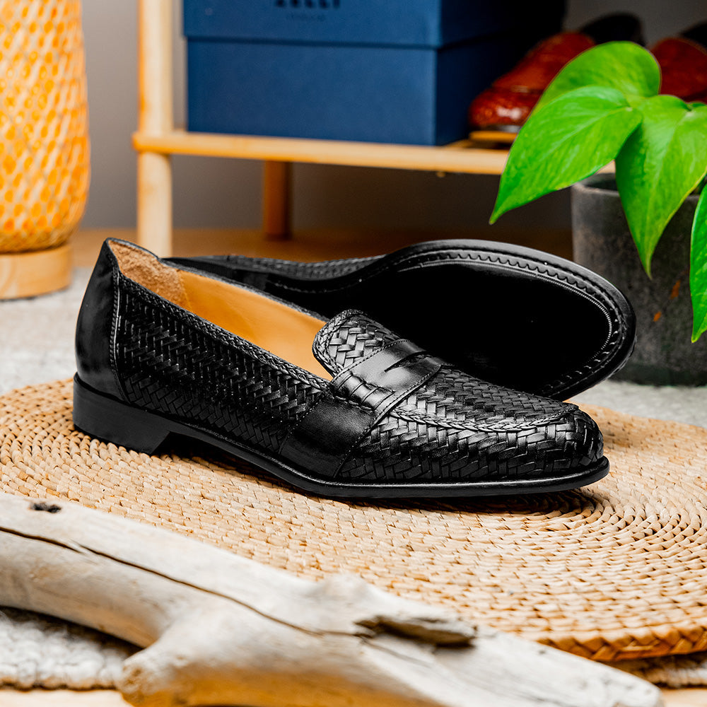 Nicola Woven Italian Calfskin Penny Loafer in Black by Zelli Italia