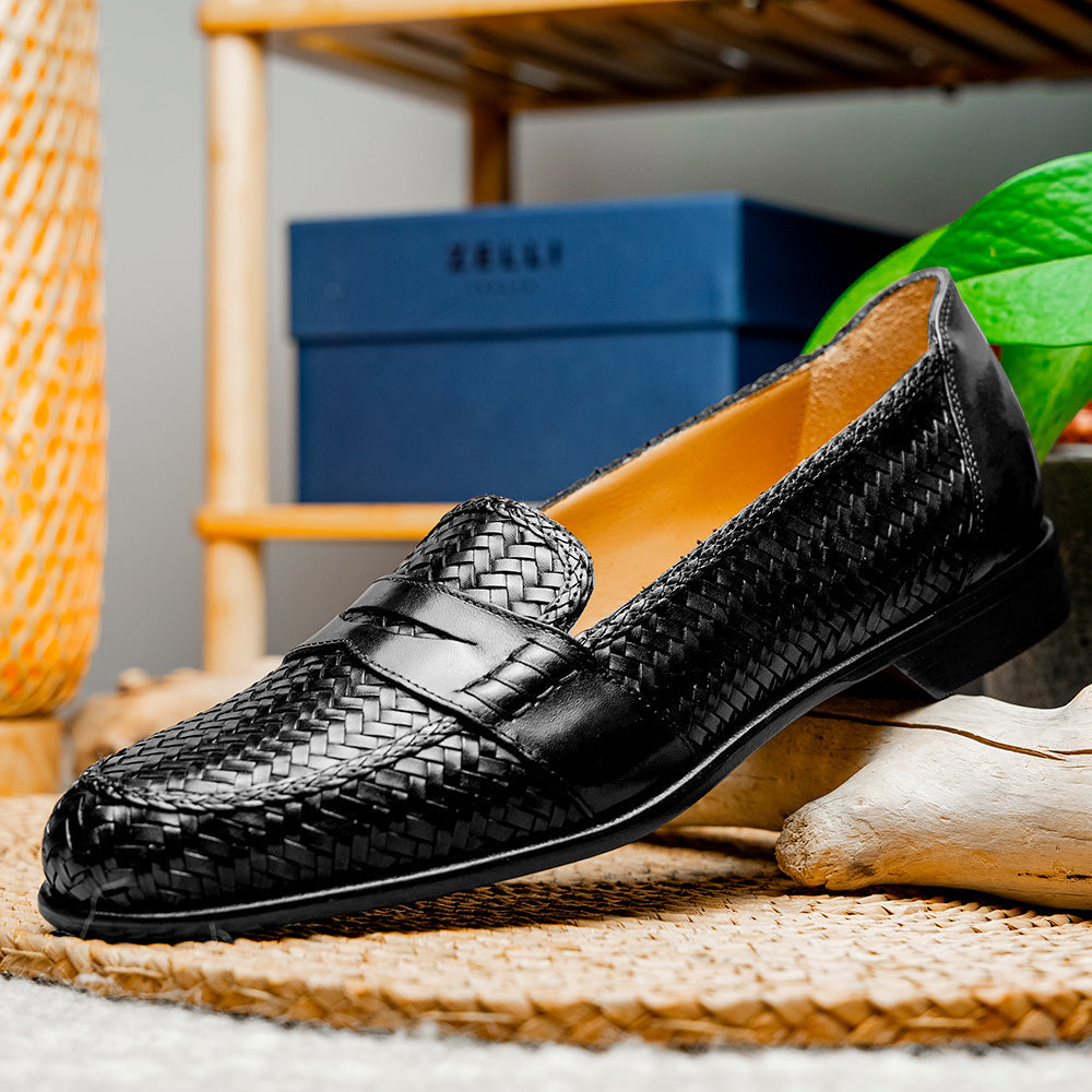 Nicola Woven Italian Calfskin Penny Loafer in Black by Zelli Italia